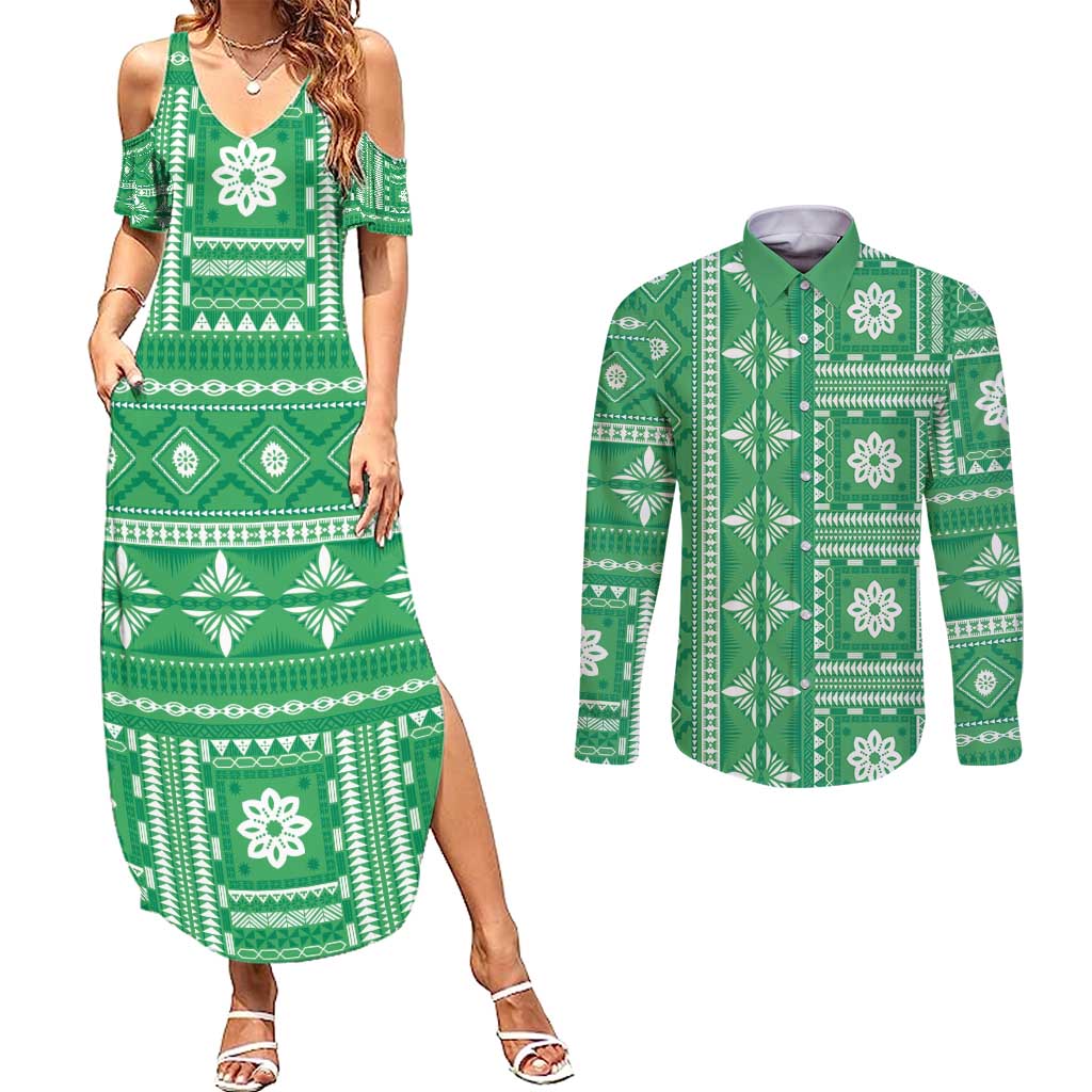 Fiji Masi All Green Couples Matching Summer Maxi Dress and Long Sleeve Button Shirt Tapa Pattern - Polynesian Pride