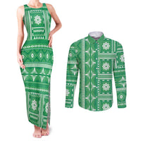 Fiji Masi All Green Couples Matching Tank Maxi Dress and Long Sleeve Button Shirt Tapa Pattern - Polynesian Pride