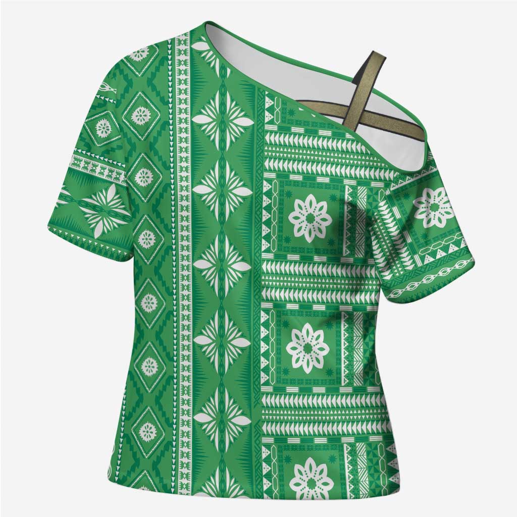 Fiji Masi All Green Cross Shoulder Shirt Tapa Pattern - Polynesian Pride