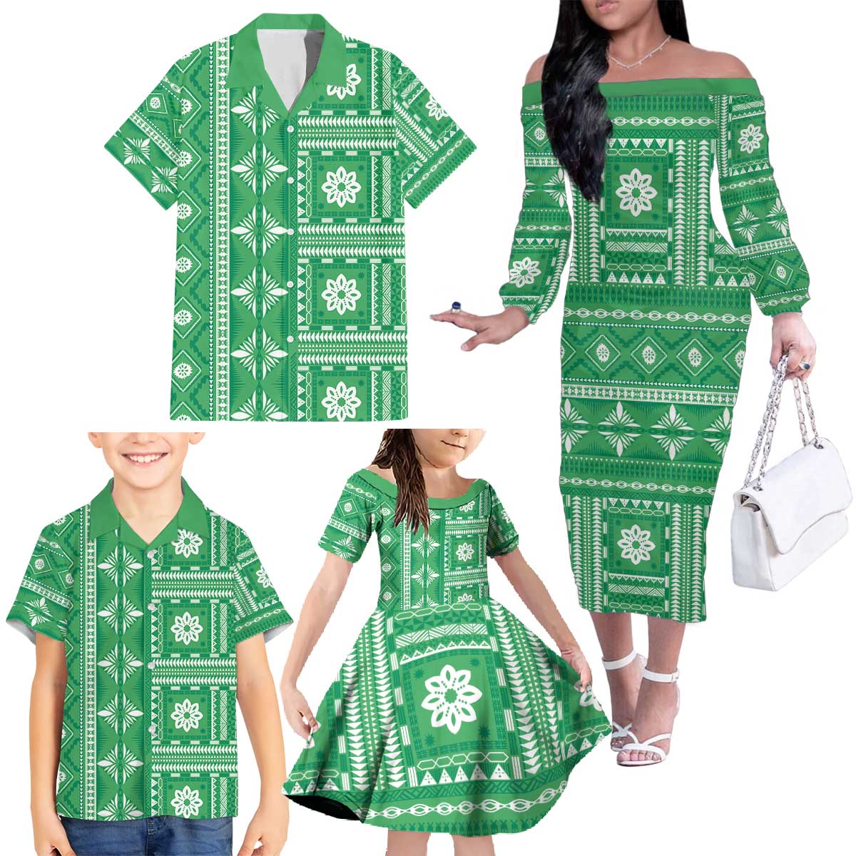 Fiji Masi All Green Family Matching Off The Shoulder Long Sleeve Dress and Hawaiian Shirt Tapa Pattern - Polynesian Pride