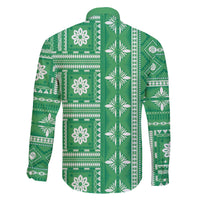 Fiji Masi All Green Family Matching Off The Shoulder Long Sleeve Dress and Hawaiian Shirt Tapa Pattern - Polynesian Pride