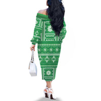Fiji Masi All Green Family Matching Off The Shoulder Long Sleeve Dress and Hawaiian Shirt Tapa Pattern - Polynesian Pride