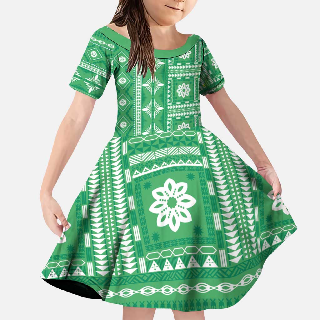 Fiji Masi All Green Family Matching Off Shoulder Maxi Dress and Hawaiian Shirt Tapa Pattern - Polynesian Pride