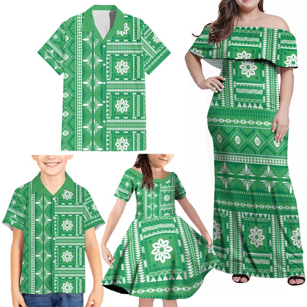 Fiji Masi All Green Family Matching Off Shoulder Maxi Dress and Hawaiian Shirt Tapa Pattern - Polynesian Pride