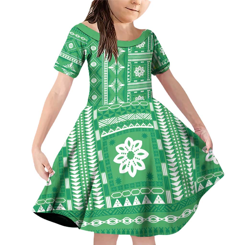 Fiji Masi All Green Family Matching Off Shoulder Short Dress and Hawaiian Shirt Tapa Pattern - Polynesian Pride