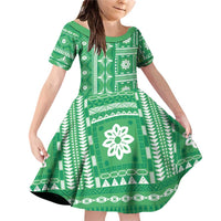 Fiji Masi All Green Family Matching Off Shoulder Short Dress and Hawaiian Shirt Tapa Pattern - Polynesian Pride