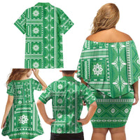 Fiji Masi All Green Family Matching Off Shoulder Short Dress and Hawaiian Shirt Tapa Pattern - Polynesian Pride