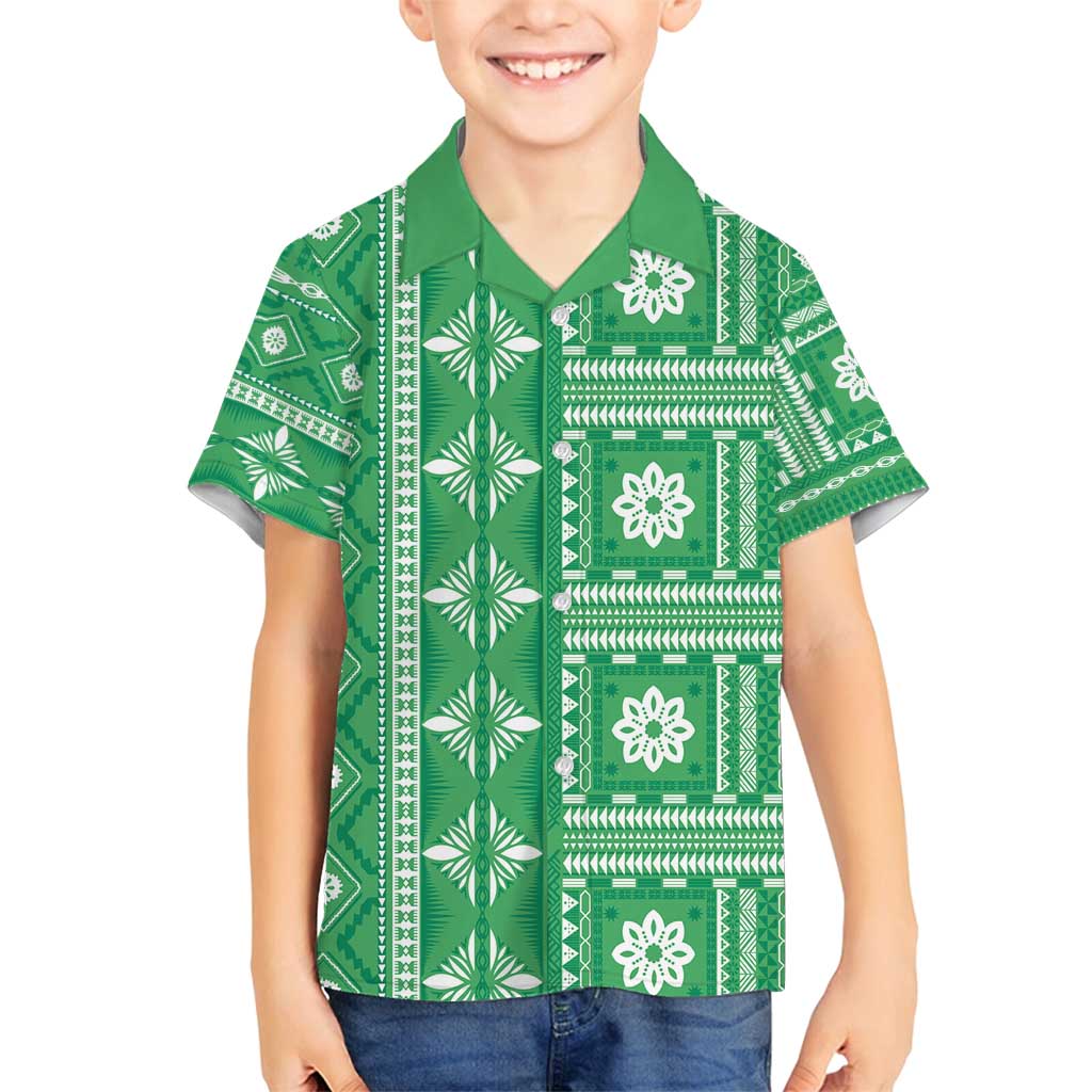Fiji Masi All Green Family Matching Off Shoulder Short Dress and Hawaiian Shirt Tapa Pattern - Polynesian Pride