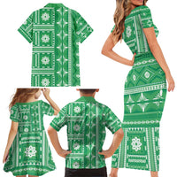 Fiji Masi All Green Family Matching Short Sleeve Bodycon Dress and Hawaiian Shirt Tapa Pattern - Polynesian Pride