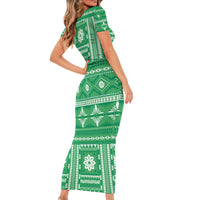 Fiji Masi All Green Family Matching Short Sleeve Bodycon Dress and Hawaiian Shirt Tapa Pattern - Polynesian Pride