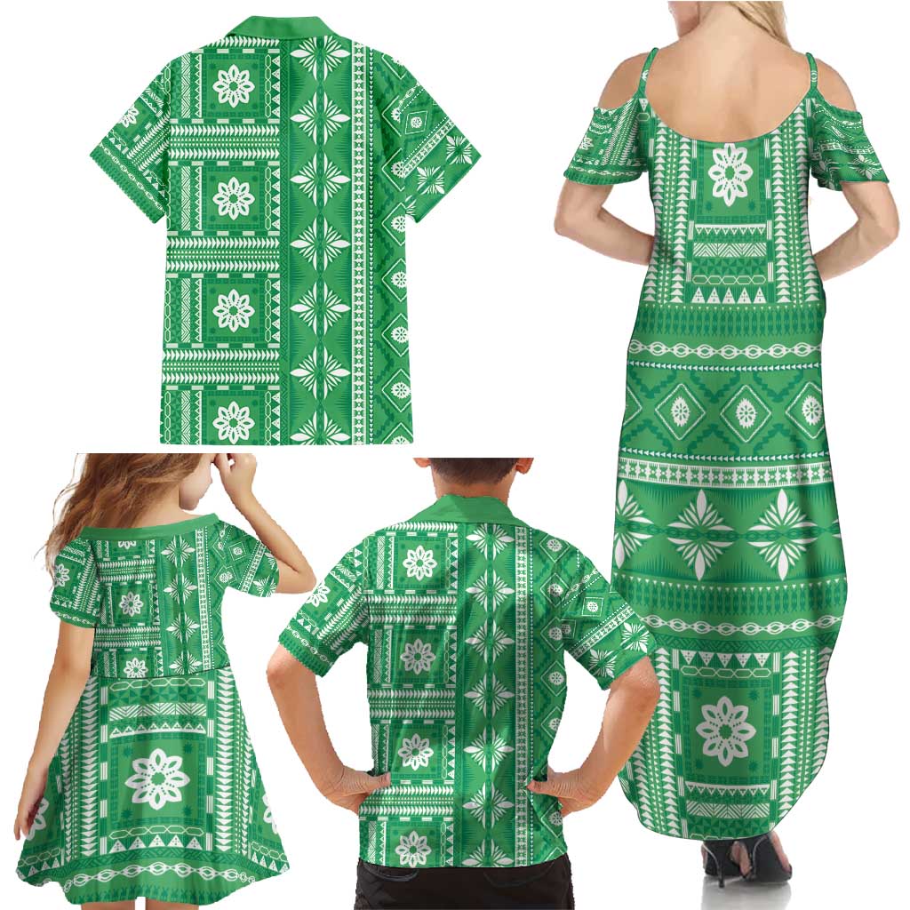 Fiji Masi All Green Family Matching Summer Maxi Dress and Hawaiian Shirt Tapa Pattern - Polynesian Pride