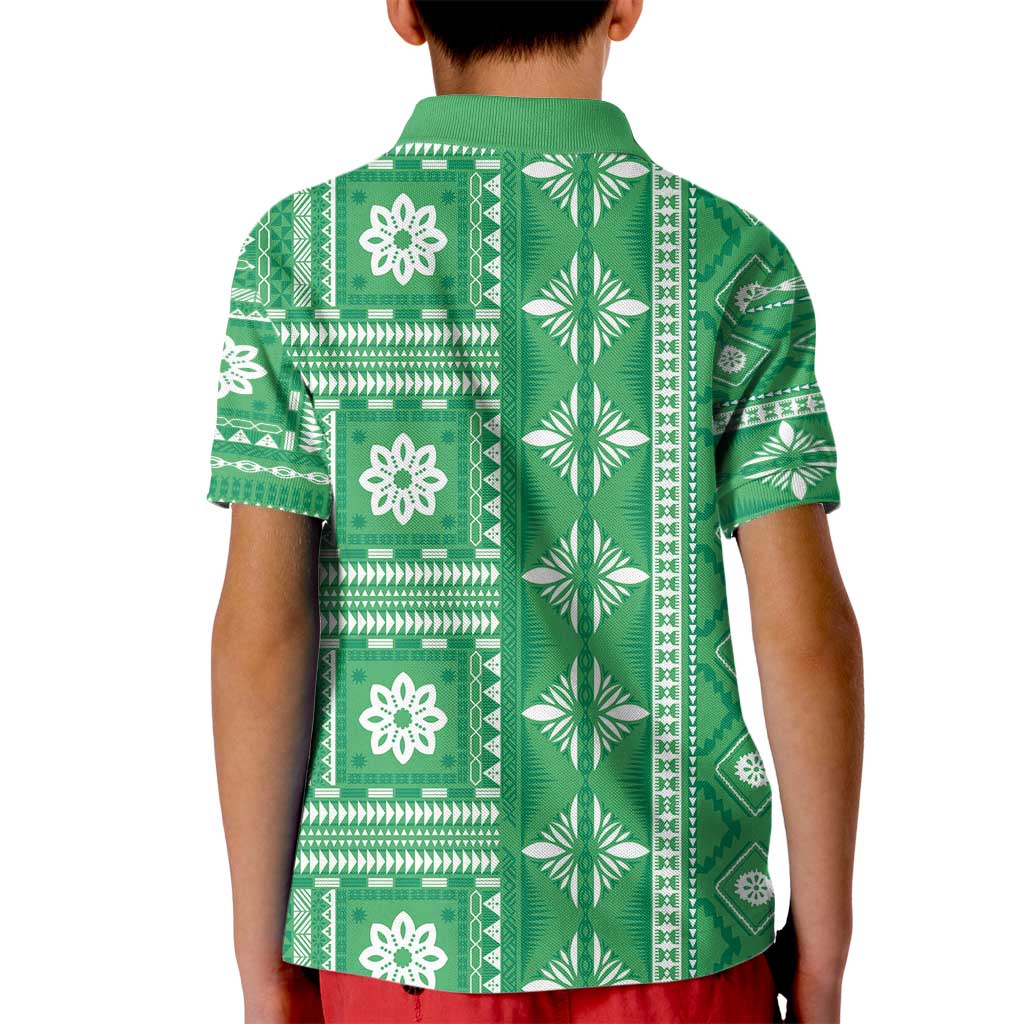 Fiji Masi All Green Kid Polo Shirt Tapa Pattern - Polynesian Pride