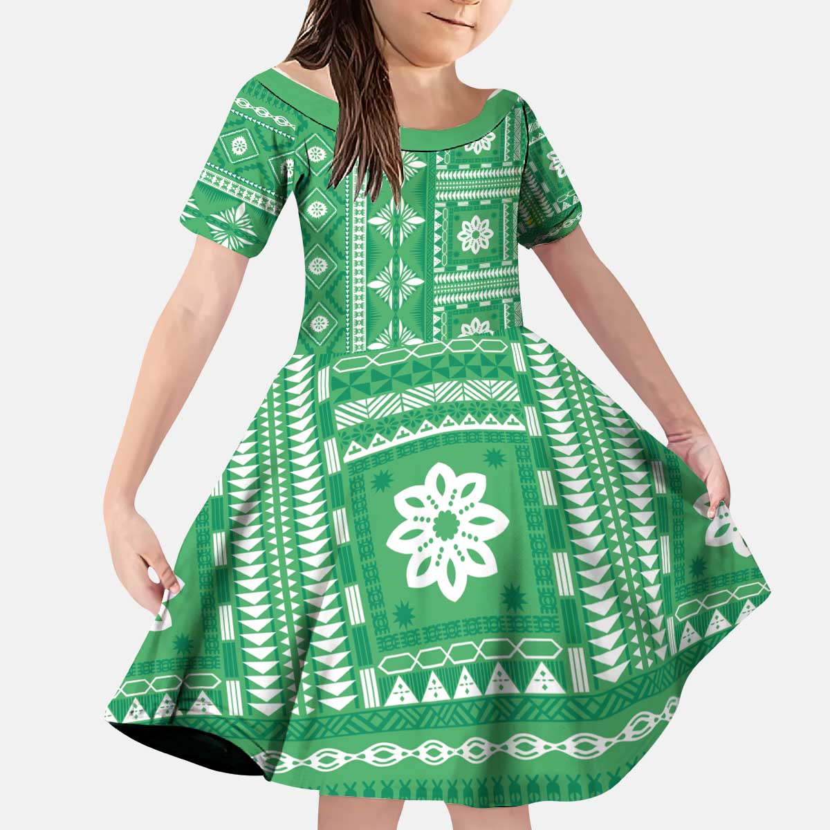 Fiji Masi All Green Kid Short Sleeve Dress Tapa Pattern - Polynesian Pride