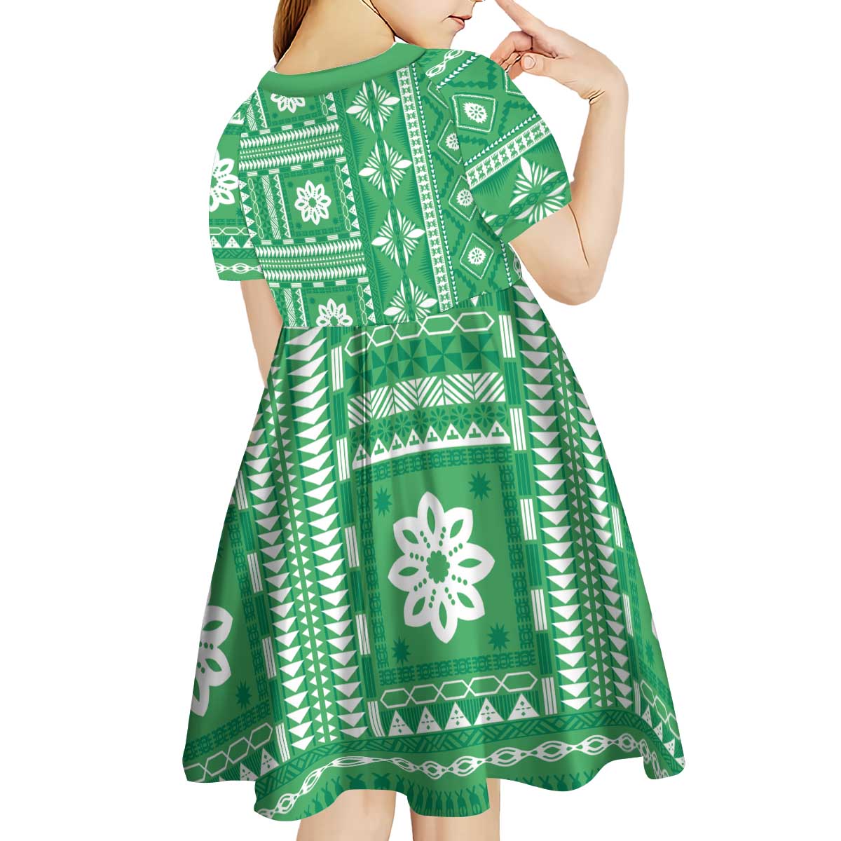 Fiji Masi All Green Kid Short Sleeve Dress Tapa Pattern - Polynesian Pride