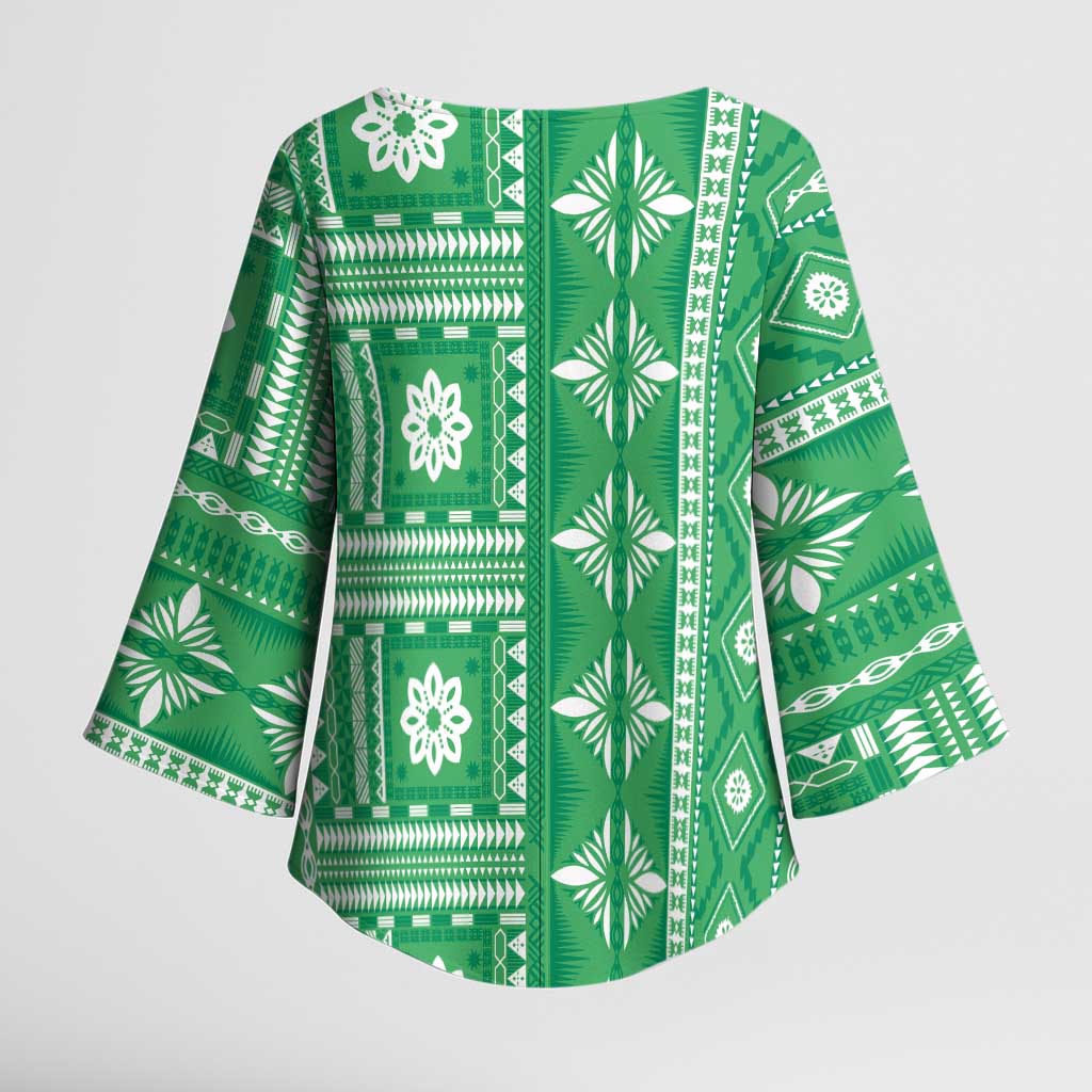 Fiji Masi All Green Kimono Sleeve Blouse Tapa Pattern - Polynesian Pride