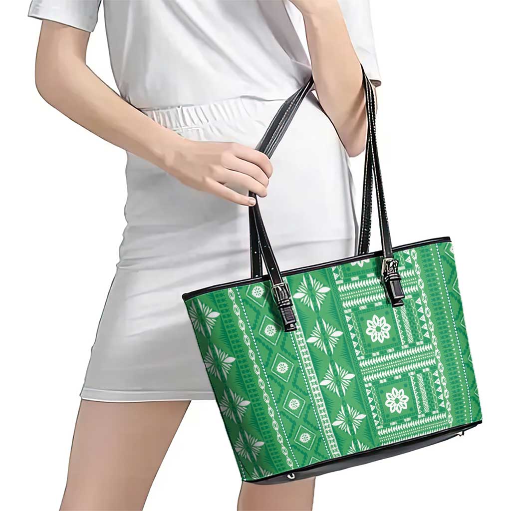 Fiji Masi All Green Leather Tote Bag Tapa Pattern - Polynesian Pride