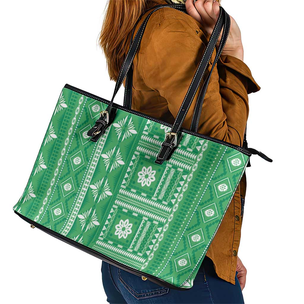 Fiji Masi All Green Leather Tote Bag Tapa Pattern - Polynesian Pride