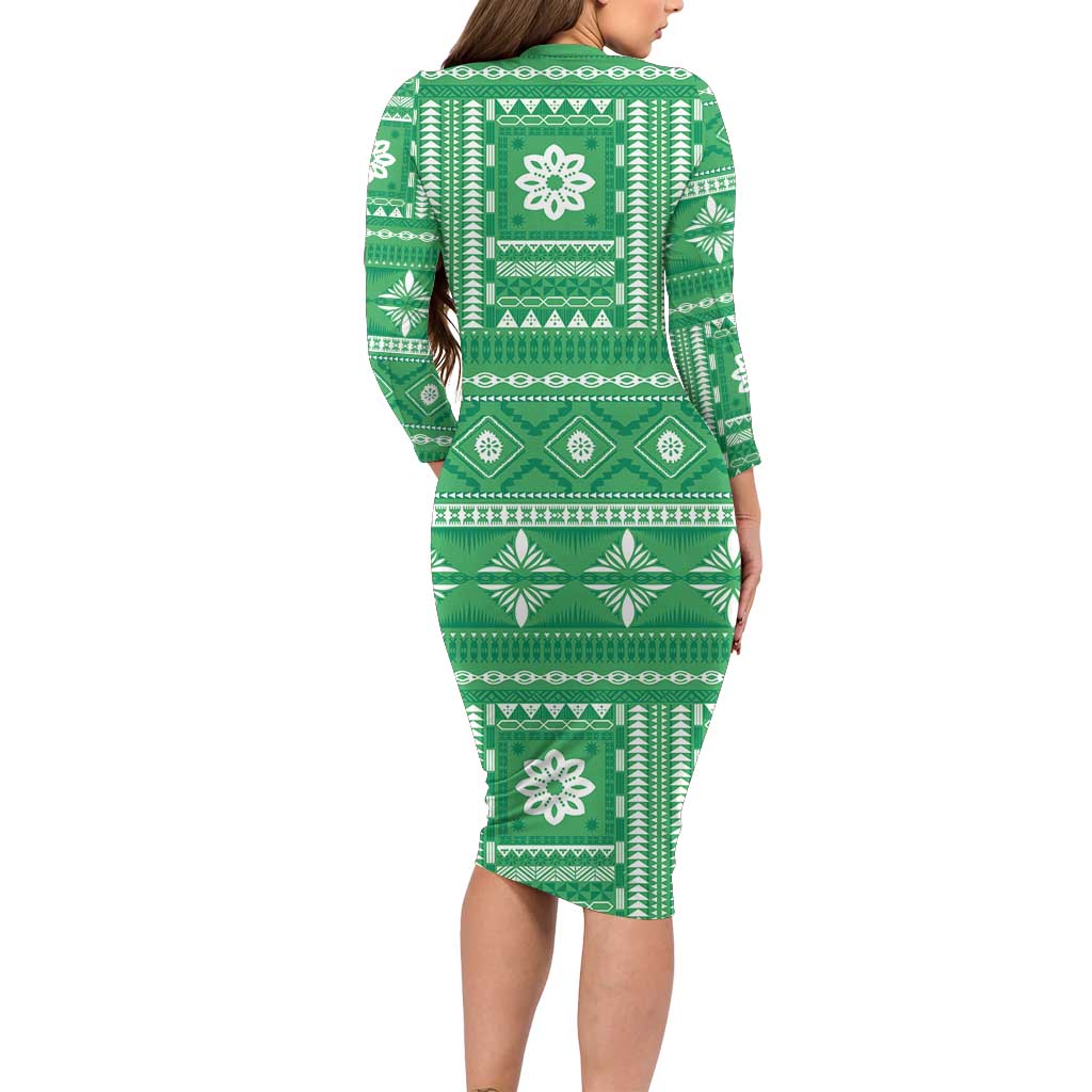 Fiji Masi All Green Long Sleeve Bodycon Dress Tapa Pattern - Polynesian Pride