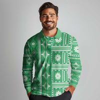 Fiji Masi All Green Long Sleeve Polo Shirt Tapa Pattern - Polynesian Pride