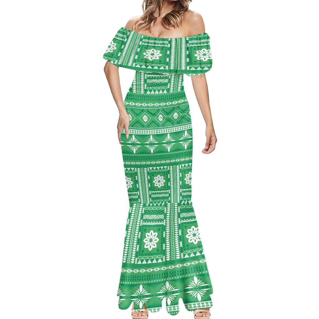 Fiji Masi All Green Mermaid Dress Tapa Pattern - Polynesian Pride