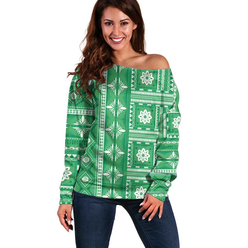 Fiji Masi All Green Off Shoulder Sweater Tapa Pattern - Polynesian Pride
