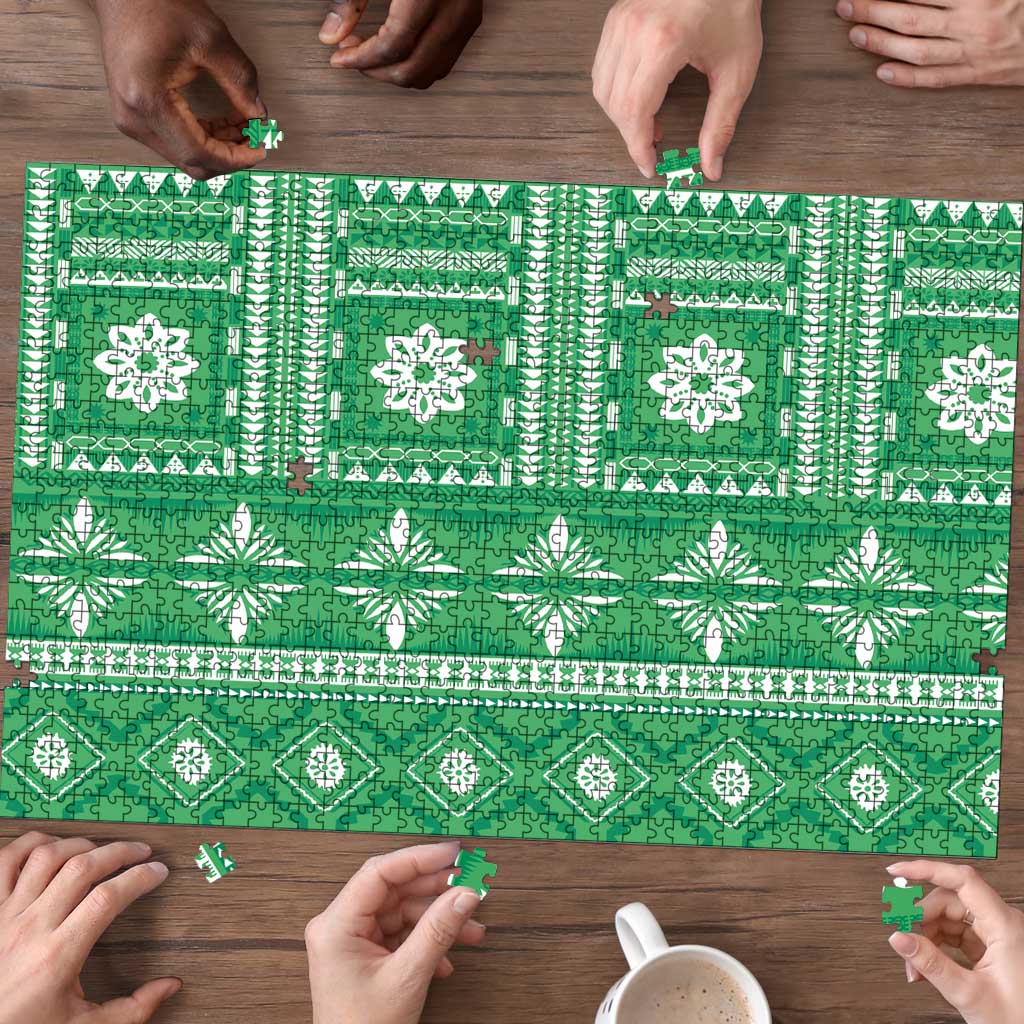 Fiji Masi All Green Puzzle Tapa Pattern - Polynesian Pride