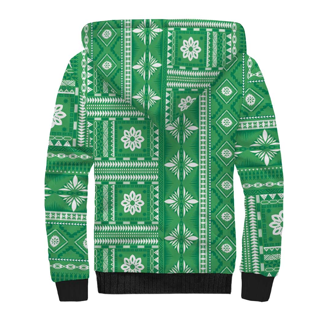 Fiji Masi All Green Sherpa Hoodie Tapa Pattern LT01 - Polynesian Pride