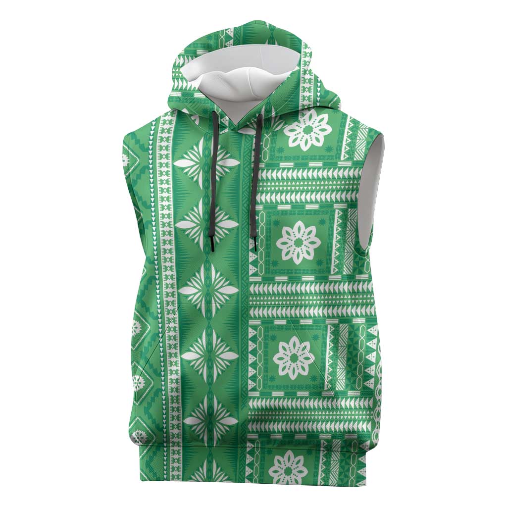 Fiji Masi All Green Sleeveless Hoodie Tapa Pattern - Polynesian Pride