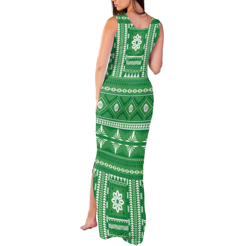 Fiji Masi All Green Tank Maxi Dress Tapa Pattern LT01 - Polynesian Pride