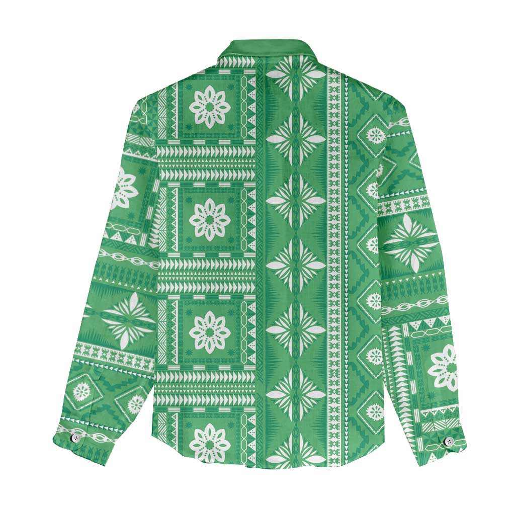 Fiji Masi All Green Women Casual Shirt Tapa Pattern - Polynesian Pride