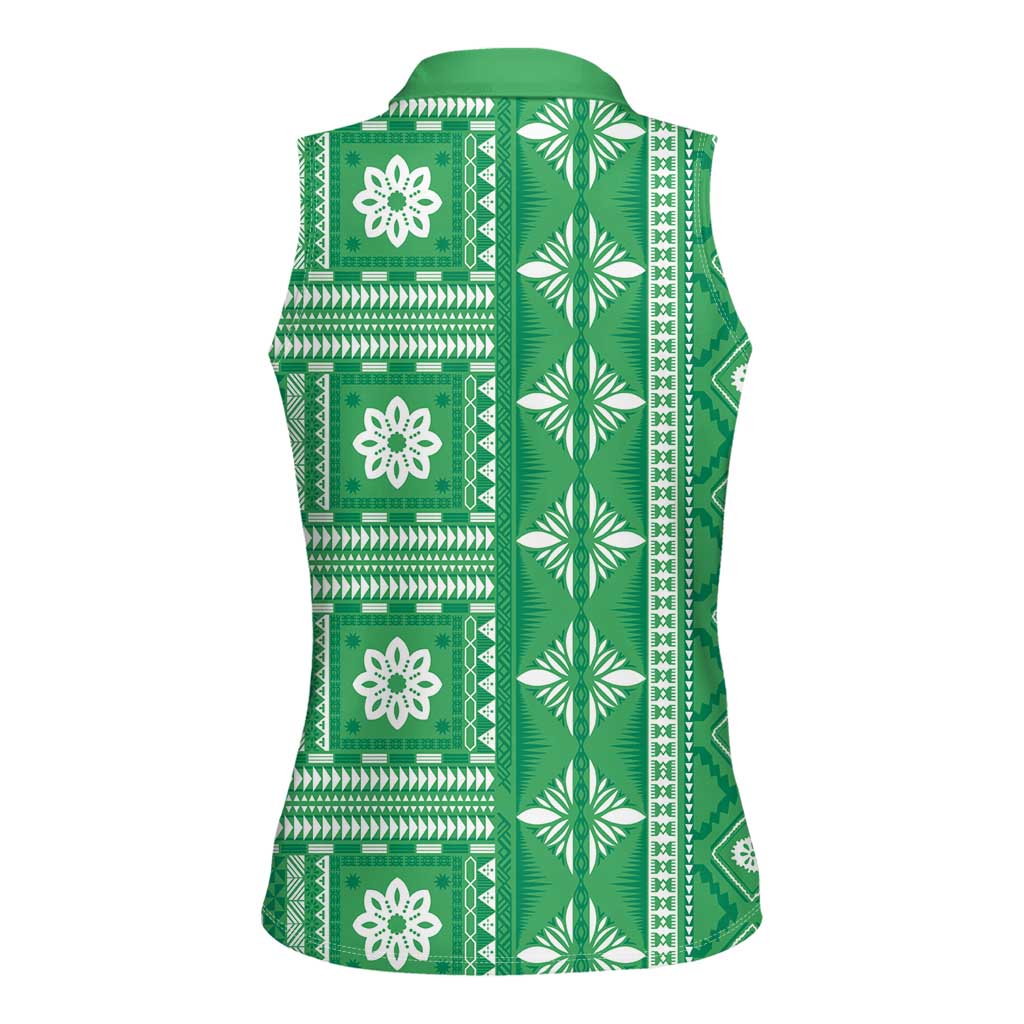 Fiji Masi All Green Women Sleeveless Polo Shirt Tapa Pattern - Polynesian Pride
