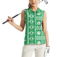 Fiji Masi All Green Women Sleeveless Polo Shirt Tapa Pattern - Polynesian Pride