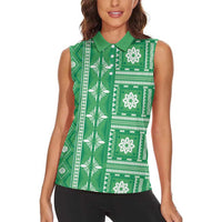 Fiji Masi All Green Women Sleeveless Polo Shirt Tapa Pattern - Polynesian Pride