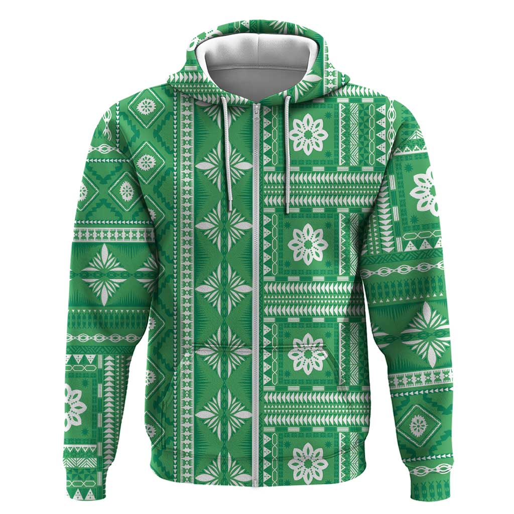 Fiji Masi All Green Zip Hoodie Tapa Pattern LT01 Zip Hoodie Green - Polynesian Pride