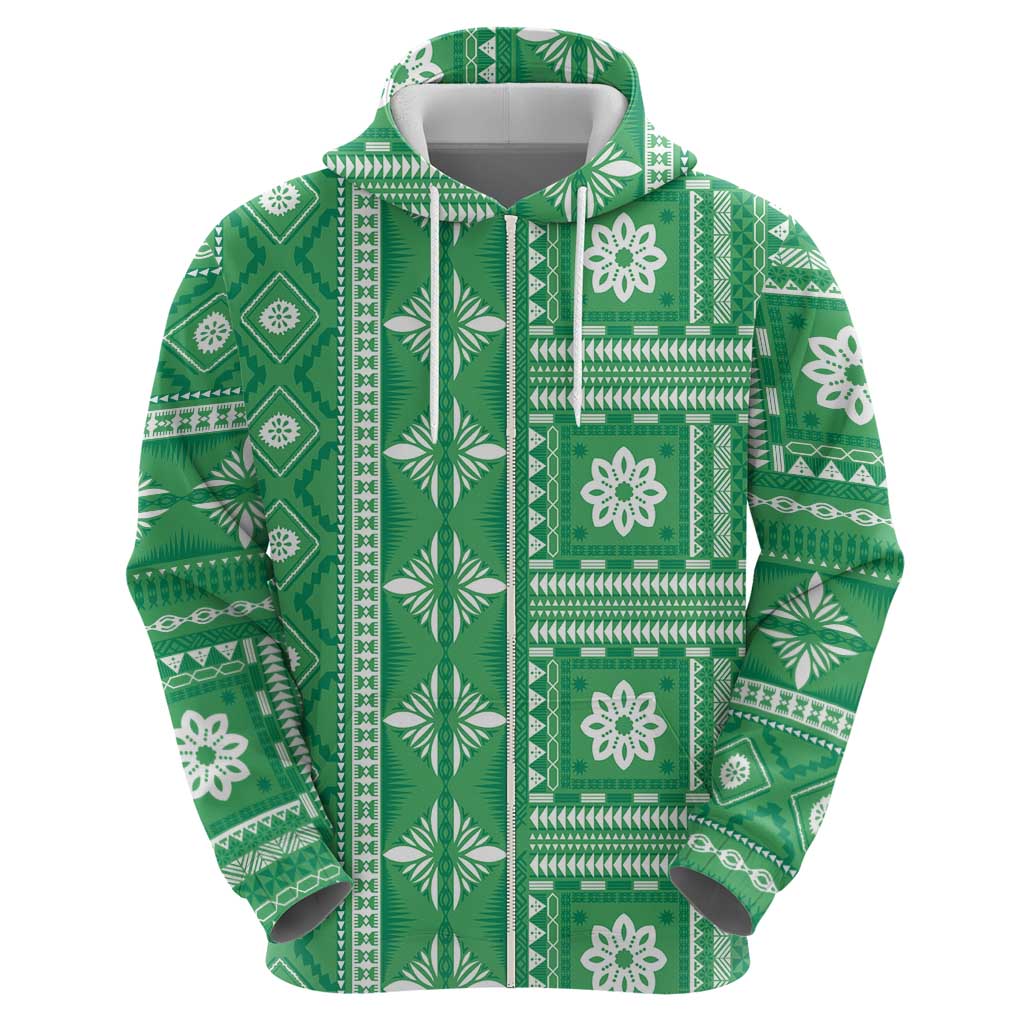 Fiji Masi All Green Zip Hoodie Tapa Pattern LT01 - Polynesian Pride