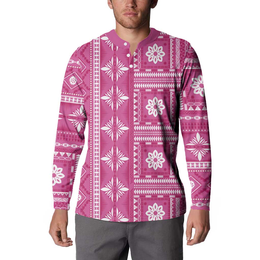 Fiji Masi All Pink Button Sweatshirt Tapa Pattern - Polynesian Pride