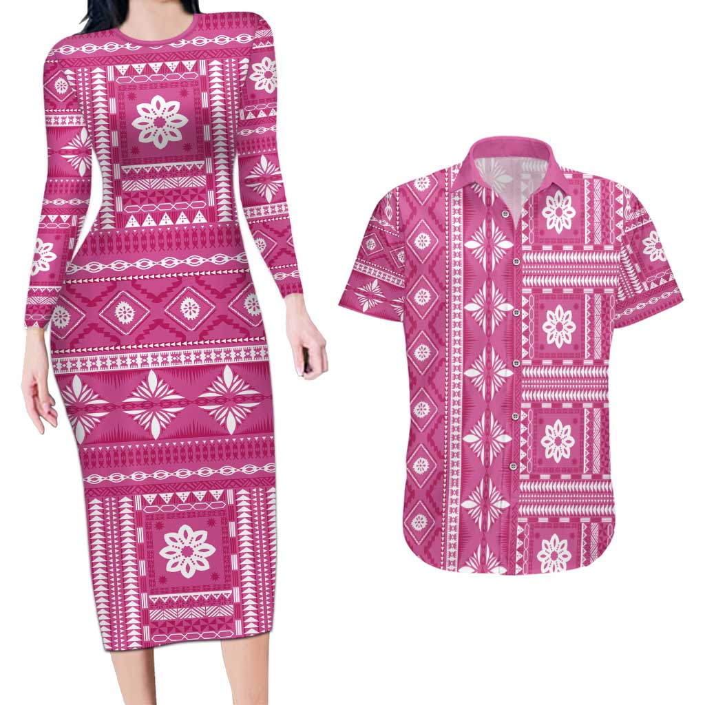 Fiji Masi All Pink Couples Matching Long Sleeve Bodycon Dress and Hawaiian Shirt Tapa Pattern - Polynesian Pride