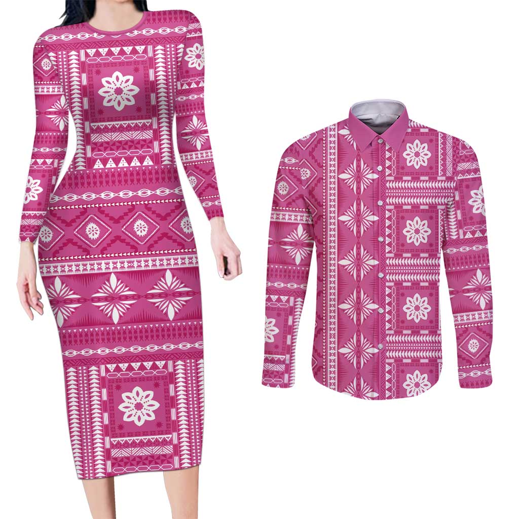 Fiji Masi All Pink Couples Matching Long Sleeve Bodycon Dress and Long Sleeve Button Shirt Tapa Pattern - Polynesian Pride