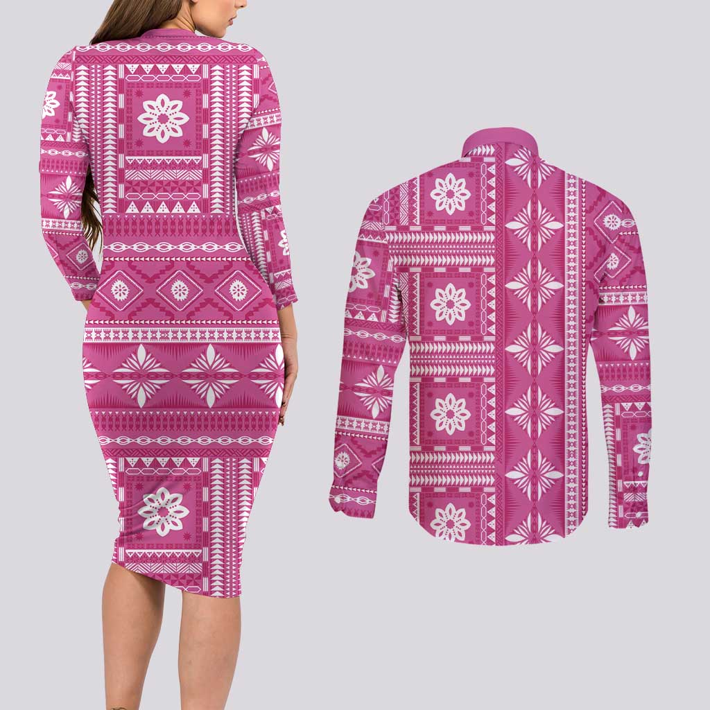Fiji Masi All Pink Couples Matching Long Sleeve Bodycon Dress and Long Sleeve Button Shirt Tapa Pattern - Polynesian Pride