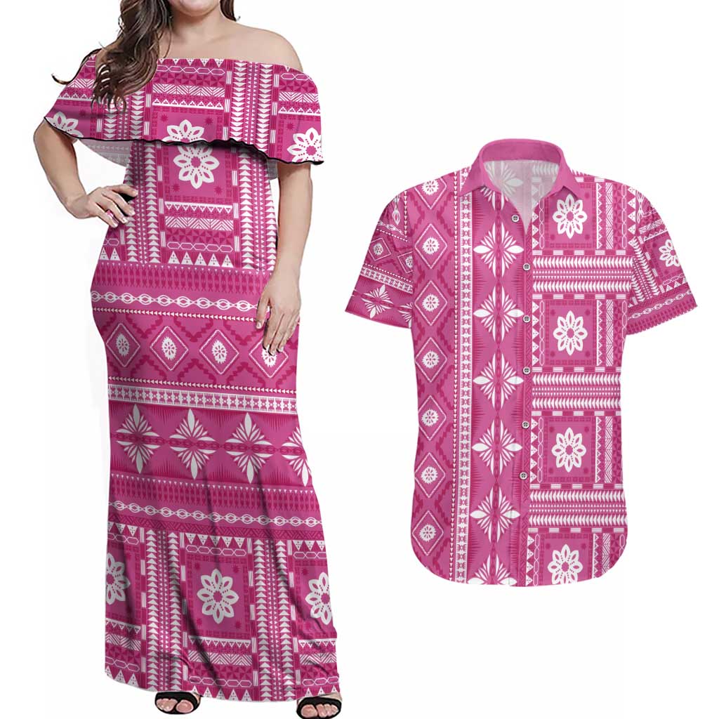 Fiji Masi All Pink Couples Matching Off Shoulder Maxi Dress and Hawaiian Shirt Tapa Pattern - Polynesian Pride