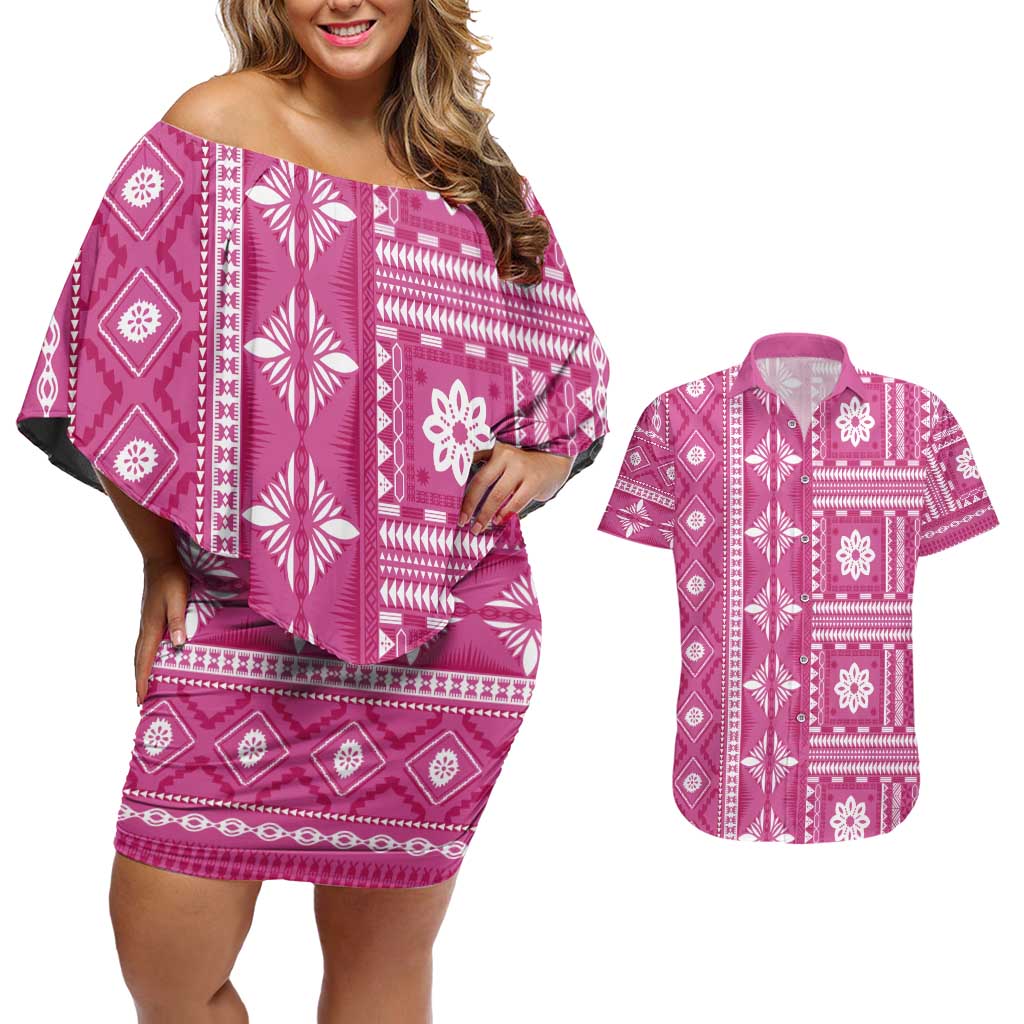 Fiji Masi All Pink Couples Matching Off Shoulder Short Dress and Hawaiian Shirt Tapa Pattern - Polynesian Pride