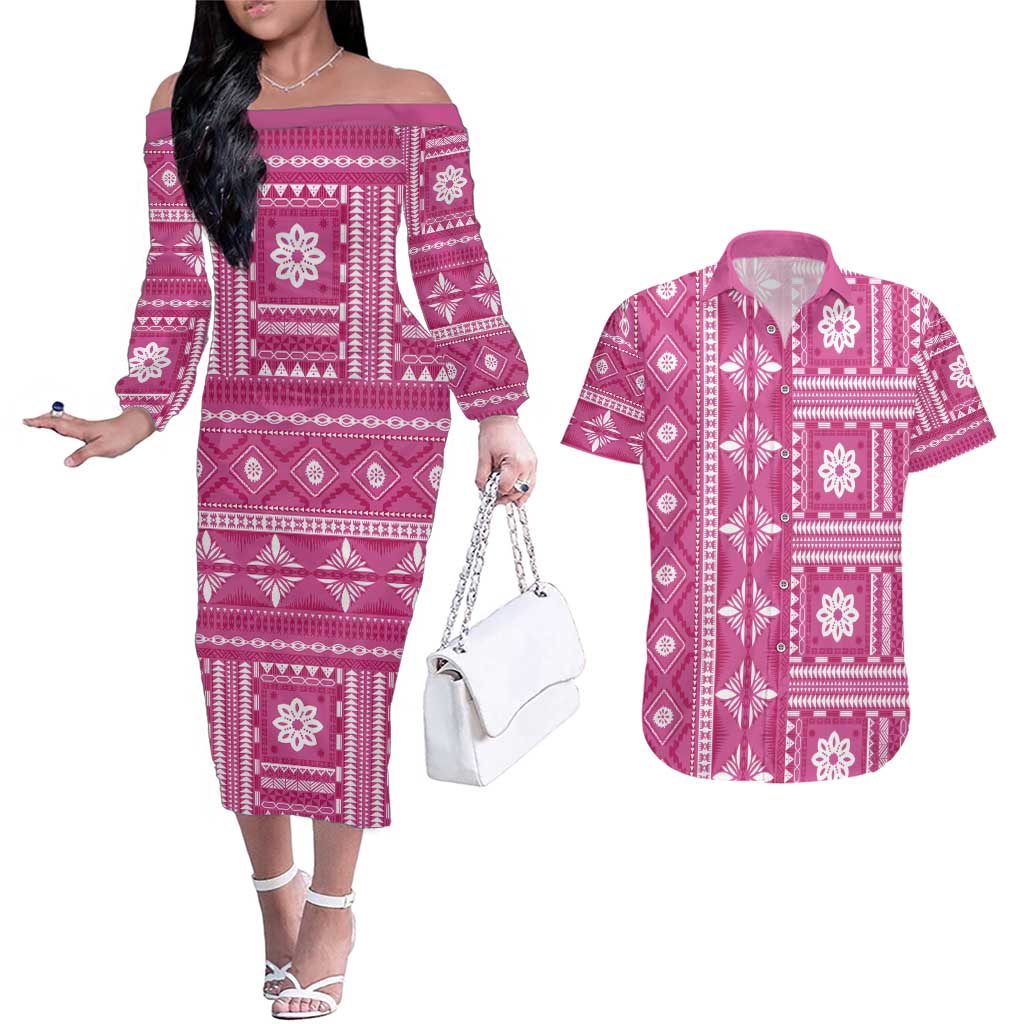 Fiji Masi All Pink Couples Matching Off The Shoulder Long Sleeve Dress and Hawaiian Shirt Tapa Pattern - Polynesian Pride