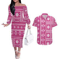 Fiji Masi All Pink Couples Matching Off The Shoulder Long Sleeve Dress and Hawaiian Shirt Tapa Pattern - Polynesian Pride
