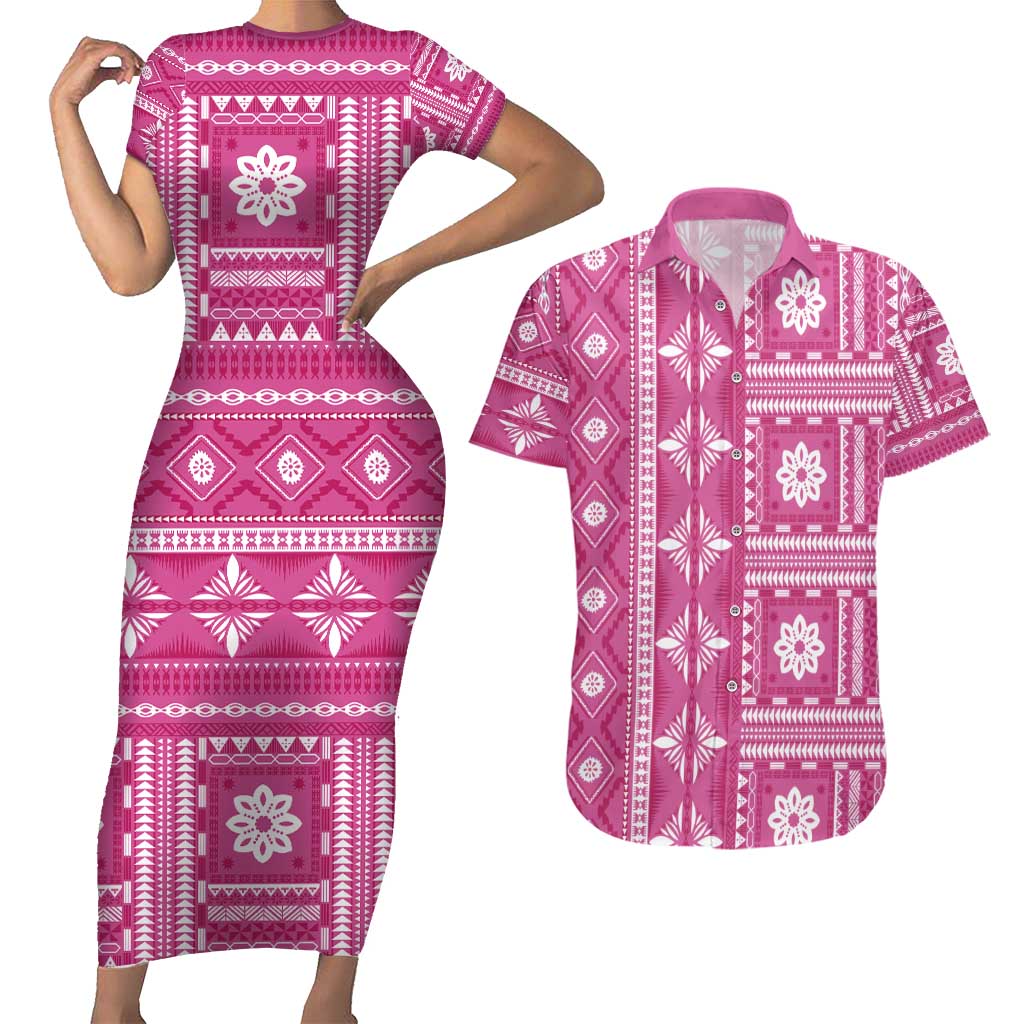 Fiji Masi All Pink Couples Matching Short Sleeve Bodycon Dress and Hawaiian Shirt Tapa Pattern - Polynesian Pride