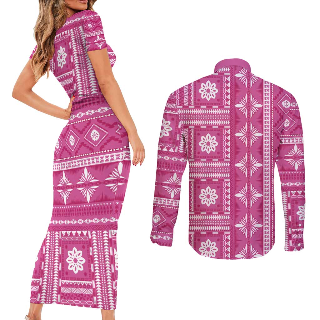 Fiji Masi All Pink Couples Matching Short Sleeve Bodycon Dress and Long Sleeve Button Shirt Tapa Pattern - Polynesian Pride