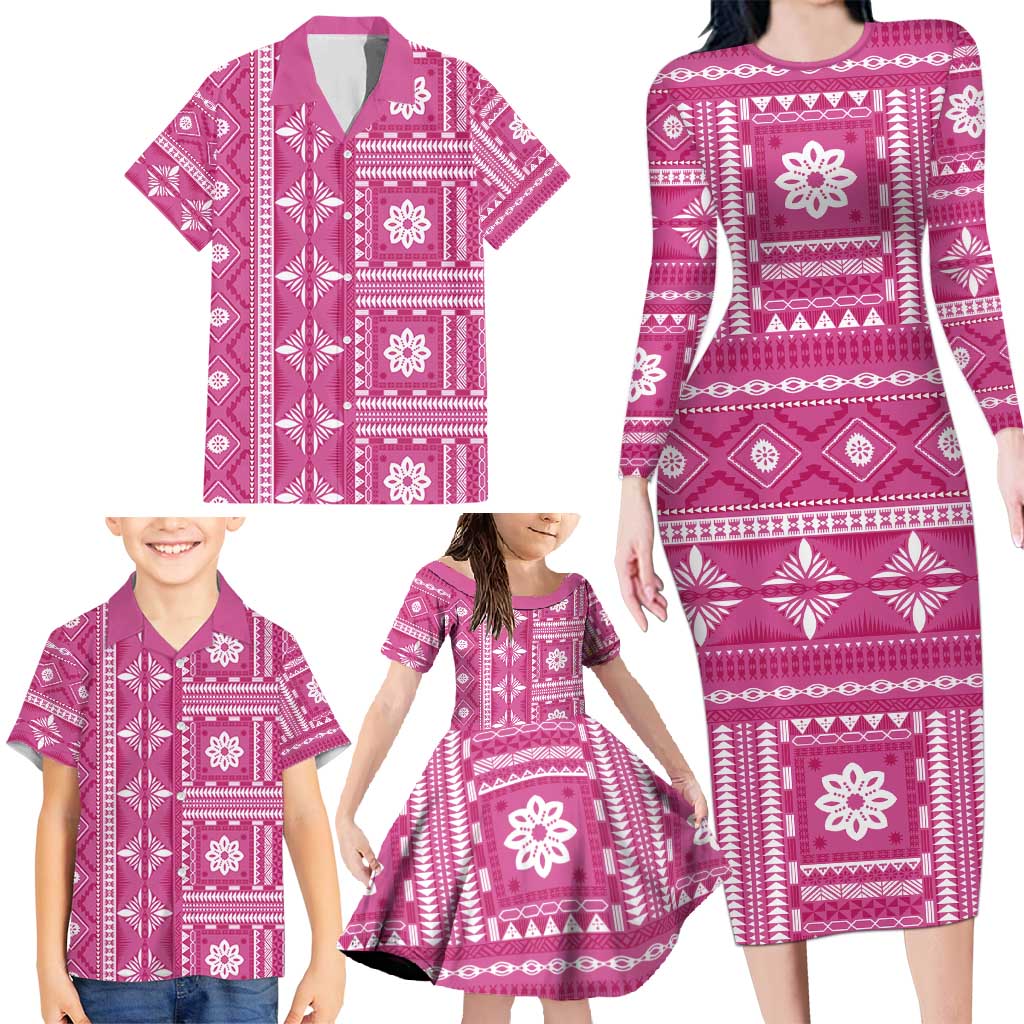 Fiji Masi All Pink Family Matching Long Sleeve Bodycon Dress and Hawaiian Shirt Tapa Pattern - Polynesian Pride