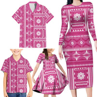 Fiji Masi All Pink Family Matching Long Sleeve Bodycon Dress and Hawaiian Shirt Tapa Pattern - Polynesian Pride