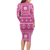 Fiji Masi All Pink Family Matching Long Sleeve Bodycon Dress and Hawaiian Shirt Tapa Pattern - Polynesian Pride