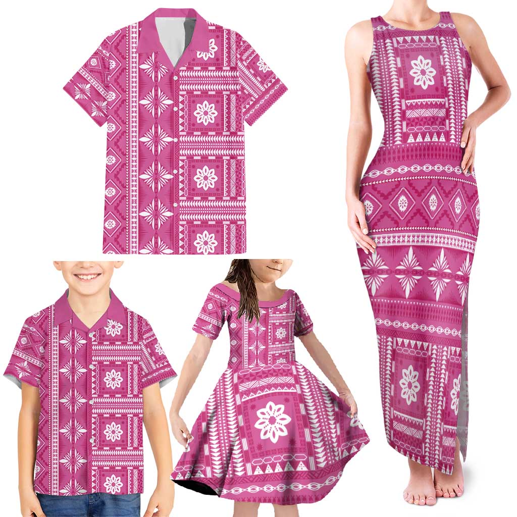 Fiji Masi All Pink Family Matching Tank Maxi Dress and Hawaiian Shirt Tapa Pattern - Polynesian Pride