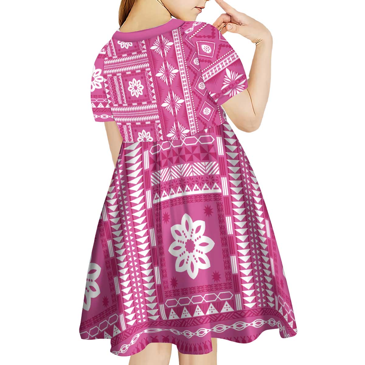 Fiji Masi All Pink Kid Short Sleeve Dress Tapa Pattern - Polynesian Pride
